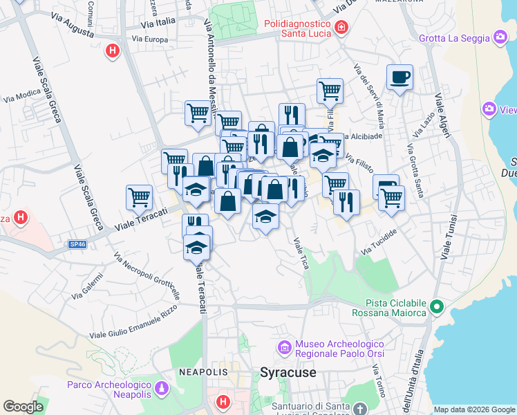map of restaurants, bars, coffee shops, grocery stores, and more near 52 Viale Tica in Siracusa
