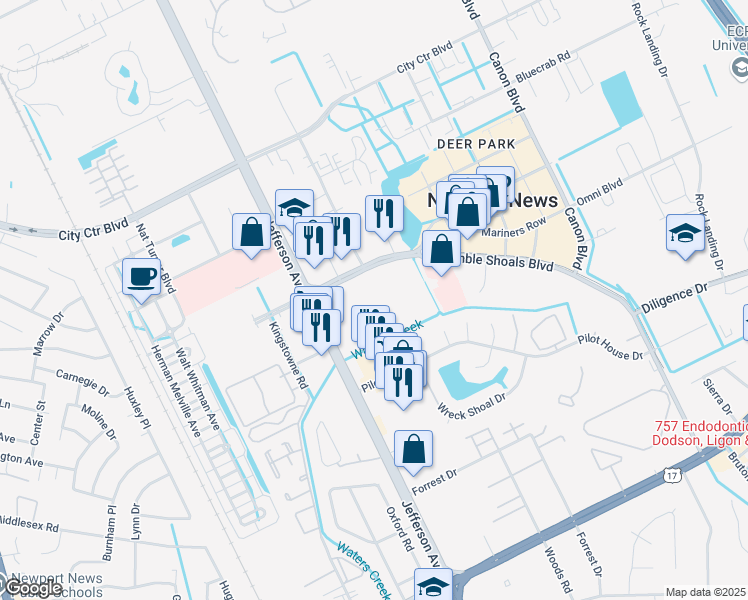 map of restaurants, bars, coffee shops, grocery stores, and more near 610 Thimble Shoals Boulevard in Newport News