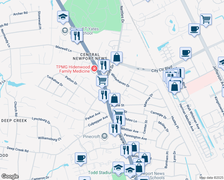 map of restaurants, bars, coffee shops, grocery stores, and more near 12596 Warwick Boulevard in Newport News