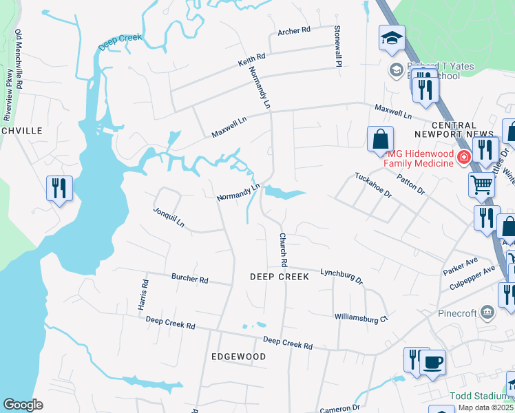 map of restaurants, bars, coffee shops, grocery stores, and more near 85 Church Road in Newport News