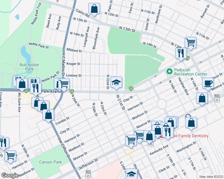 map of restaurants, bars, coffee shops, grocery stores, and more near 601-699 North 21st Street in Paducah