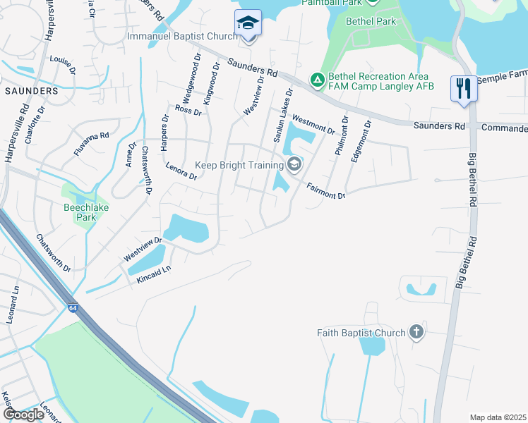 map of restaurants, bars, coffee shops, grocery stores, and more near 71 Sanlun Lakes Drive in Hampton