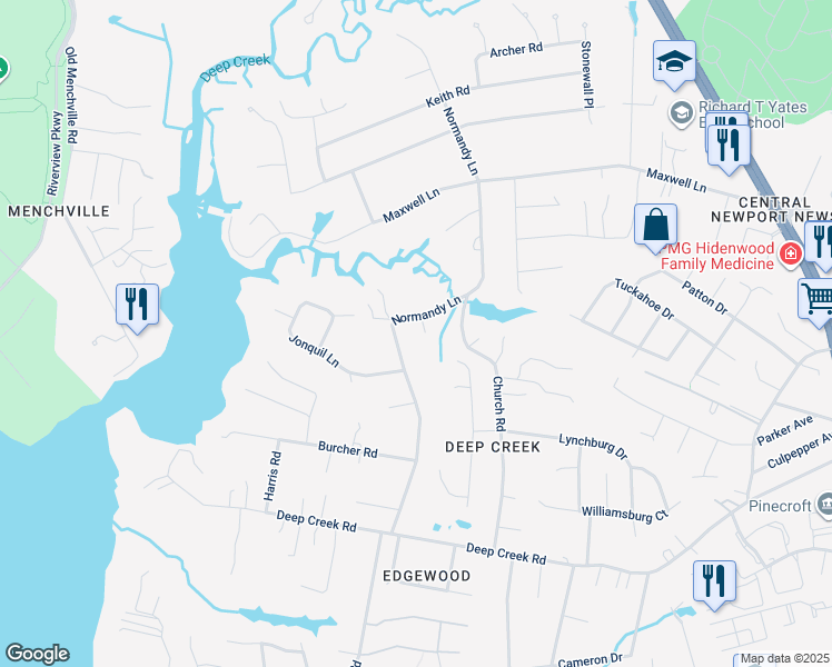 map of restaurants, bars, coffee shops, grocery stores, and more near 99 Shamrock Lane in Newport News