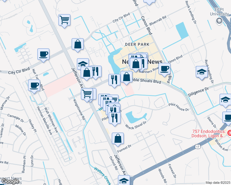 map of restaurants, bars, coffee shops, grocery stores, and more near 700 Thimble Shoals Boulevard in Newport News