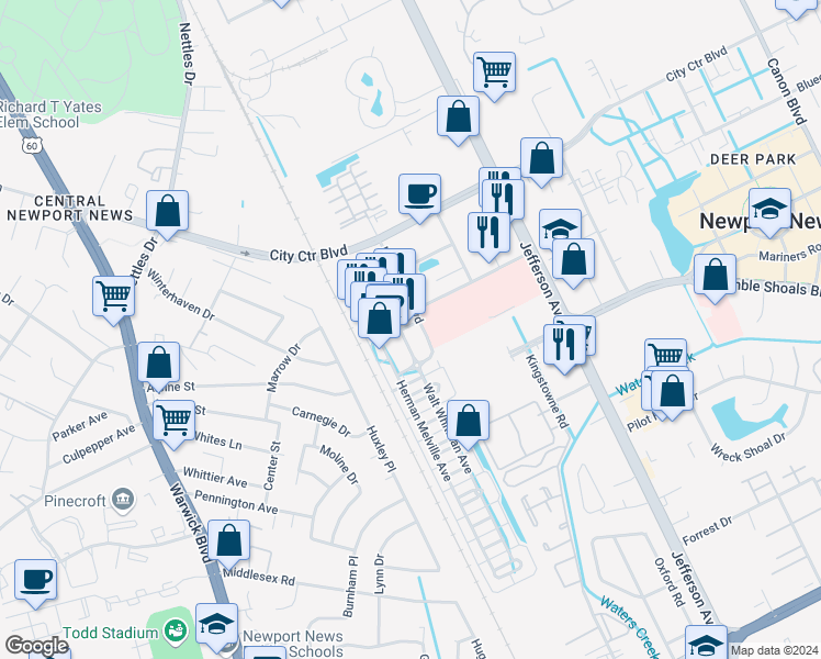 map of restaurants, bars, coffee shops, grocery stores, and more near 1100 William Styron Square South in Newport News