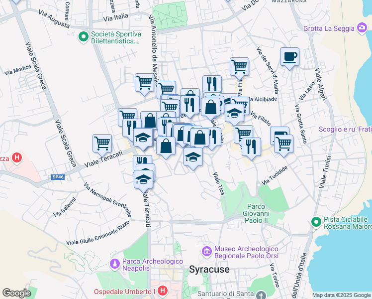 map of restaurants, bars, coffee shops, grocery stores, and more near 52 Viale Tica in Siracusa