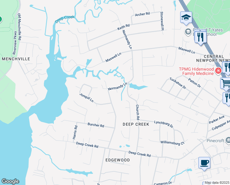 map of restaurants, bars, coffee shops, grocery stores, and more near 99 Shamrock Lane in Newport News