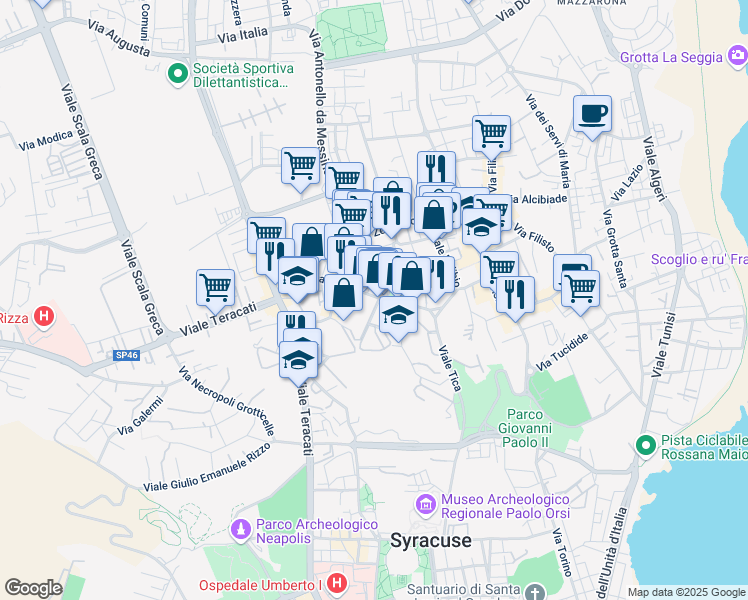 map of restaurants, bars, coffee shops, grocery stores, and more near 52 Viale Tica in Siracusa