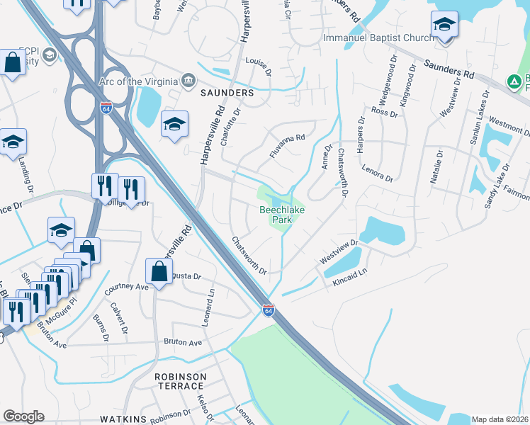 map of restaurants, bars, coffee shops, grocery stores, and more near 238 Eubank Circle in Newport News