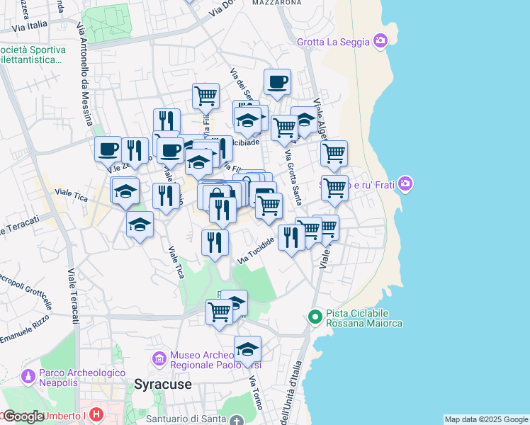 map of restaurants, bars, coffee shops, grocery stores, and more near 16 Via Filisto in Syracuse