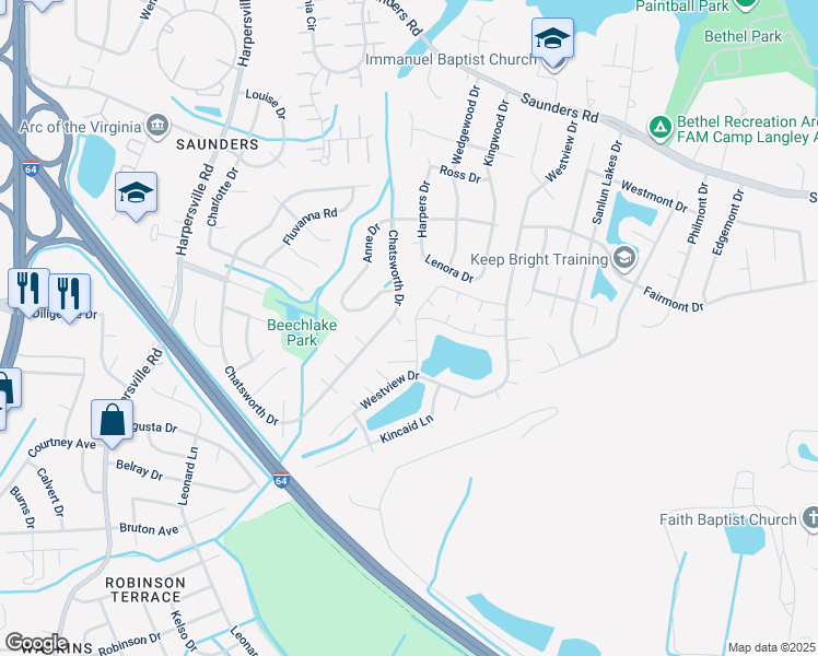 map of restaurants, bars, coffee shops, grocery stores, and more near 12 Poseidon Place in Hampton