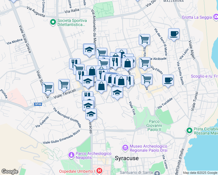 map of restaurants, bars, coffee shops, grocery stores, and more near 161 Viale Tica in Siracusa