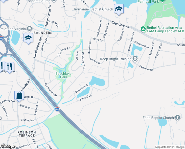 map of restaurants, bars, coffee shops, grocery stores, and more near 95 North Lake Loop in Hampton
