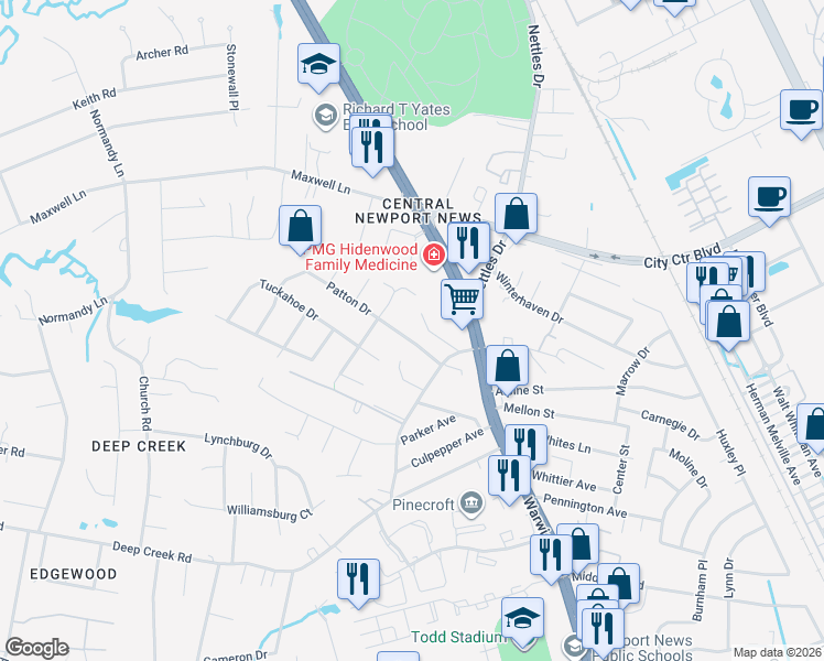map of restaurants, bars, coffee shops, grocery stores, and more near 1A Patton Drive in Newport News