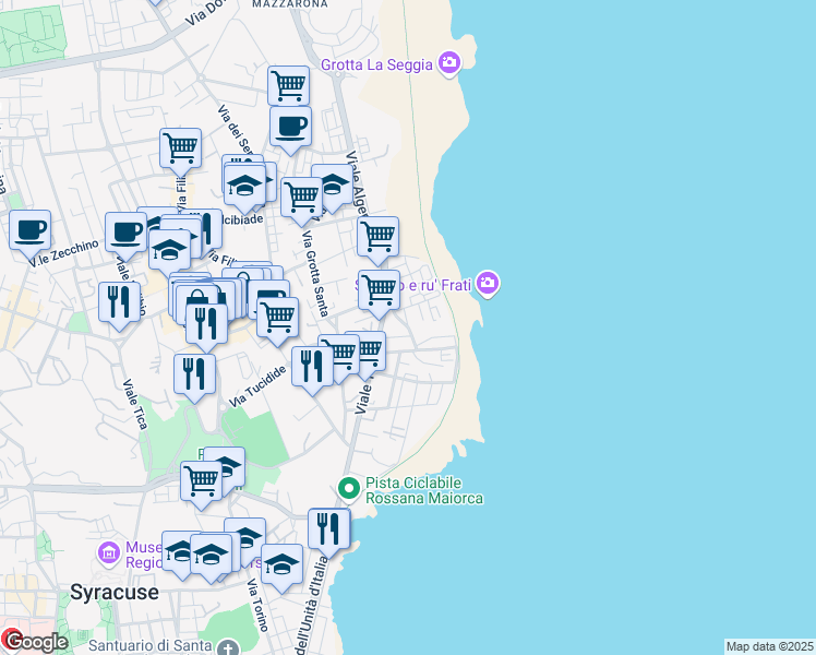 map of restaurants, bars, coffee shops, grocery stores, and more near 48 Via Dalmazia in Siracusa