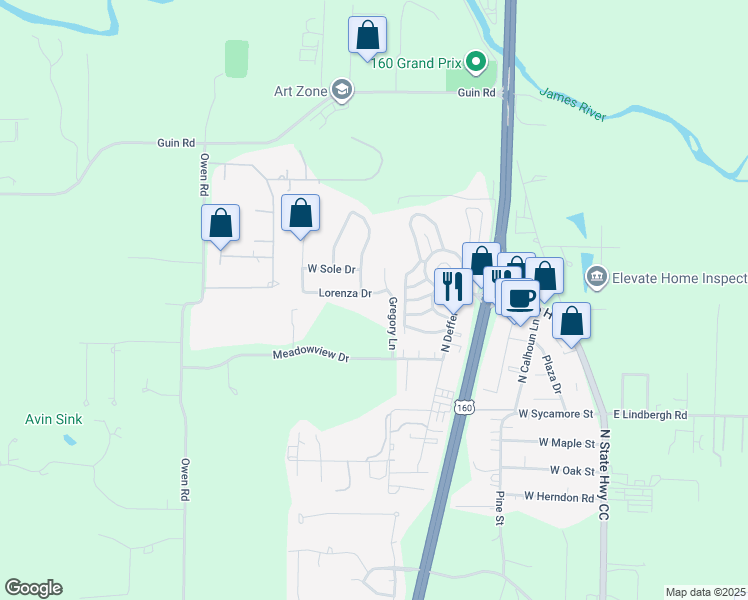 map of restaurants, bars, coffee shops, grocery stores, and more near 164-166 English Village Park in Nixa
