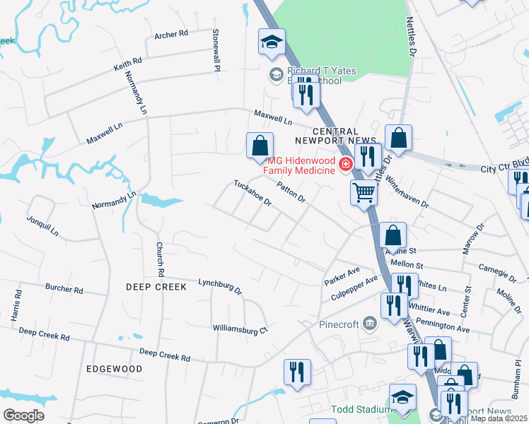 map of restaurants, bars, coffee shops, grocery stores, and more near 16 Indian Springs Drive in Newport News