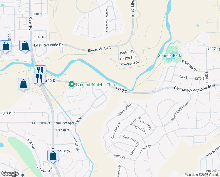 map of restaurants, bars, coffee shops, grocery stores, and more near 1839 East Boulder Springs Circle in St. George