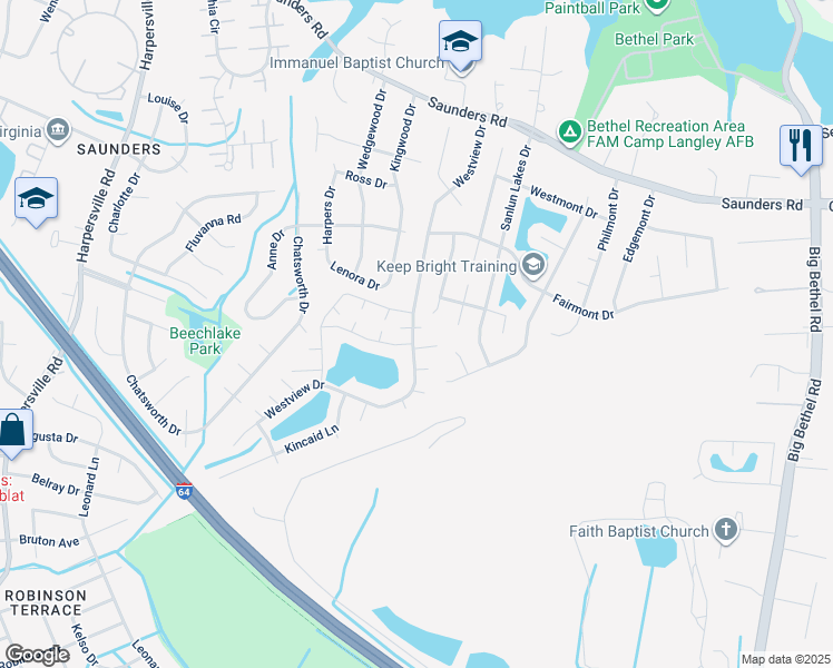 map of restaurants, bars, coffee shops, grocery stores, and more near 2 Drake Court in Newport News