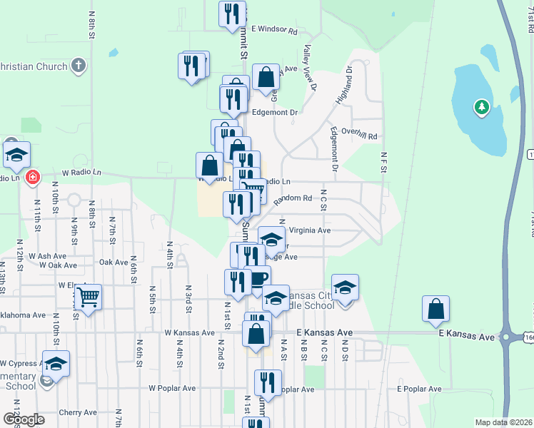 map of restaurants, bars, coffee shops, grocery stores, and more near 201 Random Road in Arkansas City