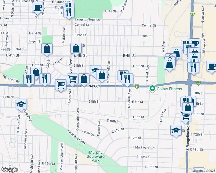 map of restaurants, bars, coffee shops, grocery stores, and more near 700 McConnell Avenue in Joplin