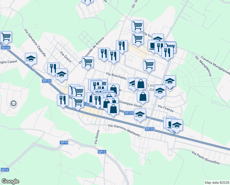 map of restaurants, bars, coffee shops, grocery stores, and more near 185 Via Vittorio Alfieri in Floridia