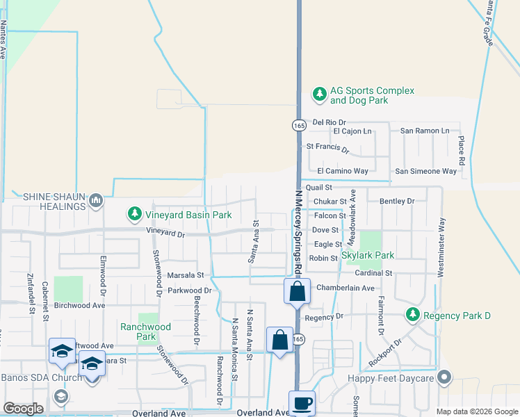 map of restaurants, bars, coffee shops, grocery stores, and more near 754 Santa Ana Court in Los Banos