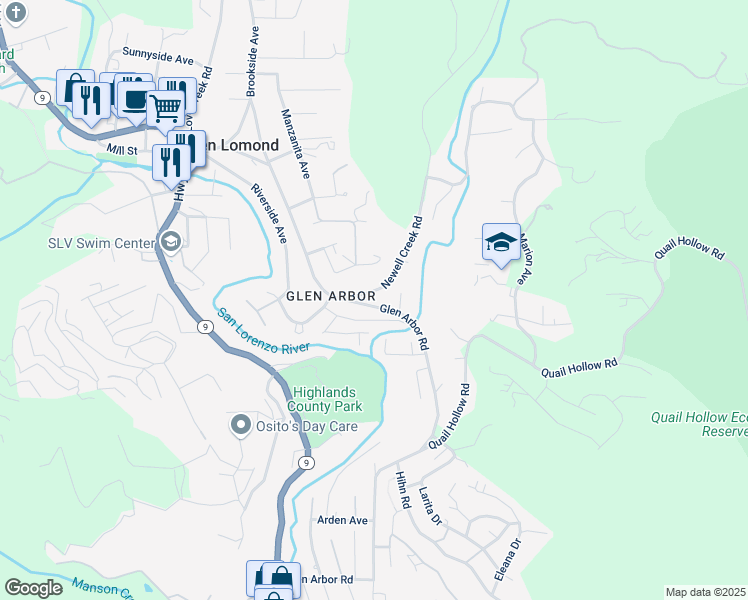 map of restaurants, bars, coffee shops, grocery stores, and more near 9160 Glen Arbor Road in Ben Lomond