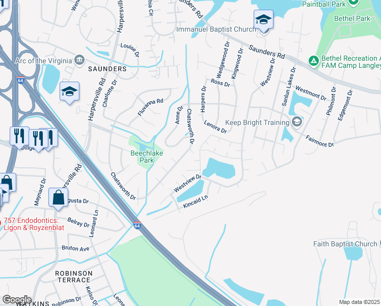 map of restaurants, bars, coffee shops, grocery stores, and more near 732 Chatsworth Drive in Newport News