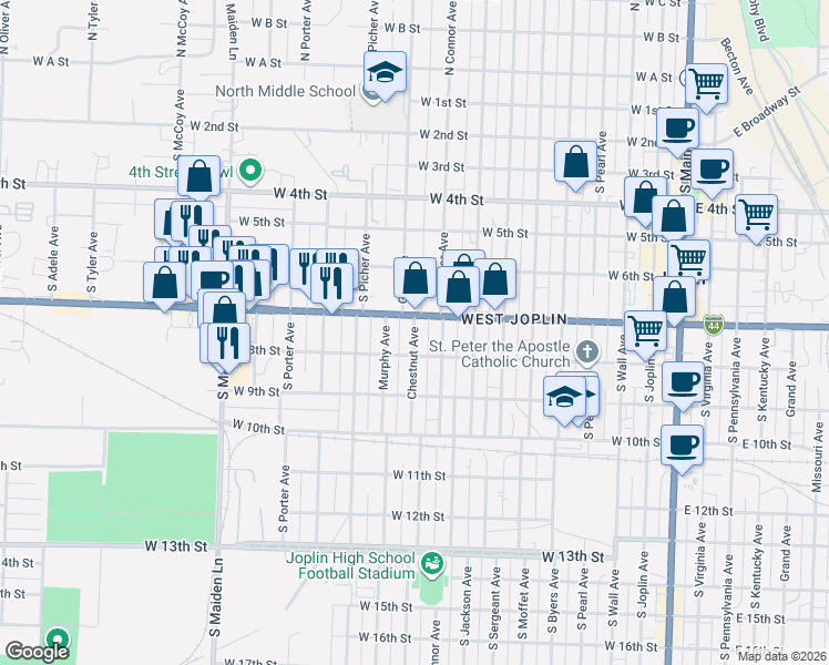 map of restaurants, bars, coffee shops, grocery stores, and more near 923 West 7th Street in Joplin