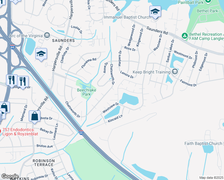 map of restaurants, bars, coffee shops, grocery stores, and more near 732 Chatsworth Drive in Newport News