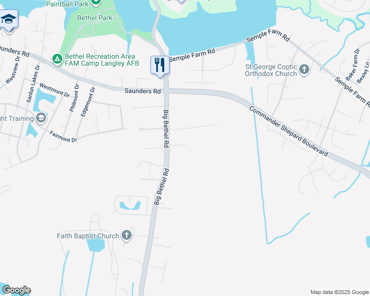 map of restaurants, bars, coffee shops, grocery stores, and more near 112 Christophers Lane in Hampton