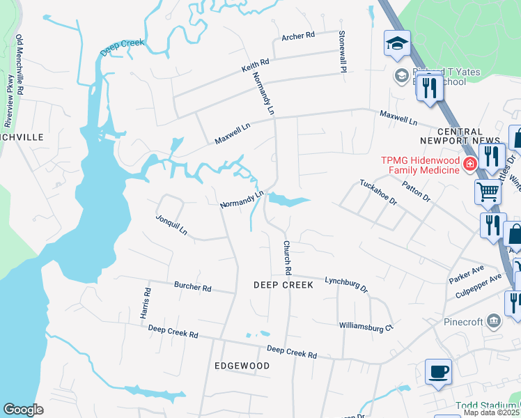 map of restaurants, bars, coffee shops, grocery stores, and more near 85 Church Road in Newport News