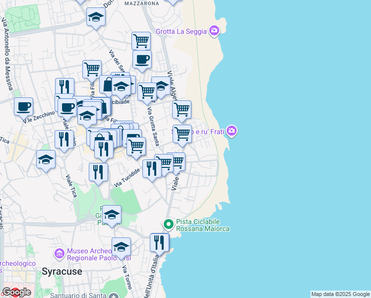map of restaurants, bars, coffee shops, grocery stores, and more near 58 Via Sicilia in Syracuse