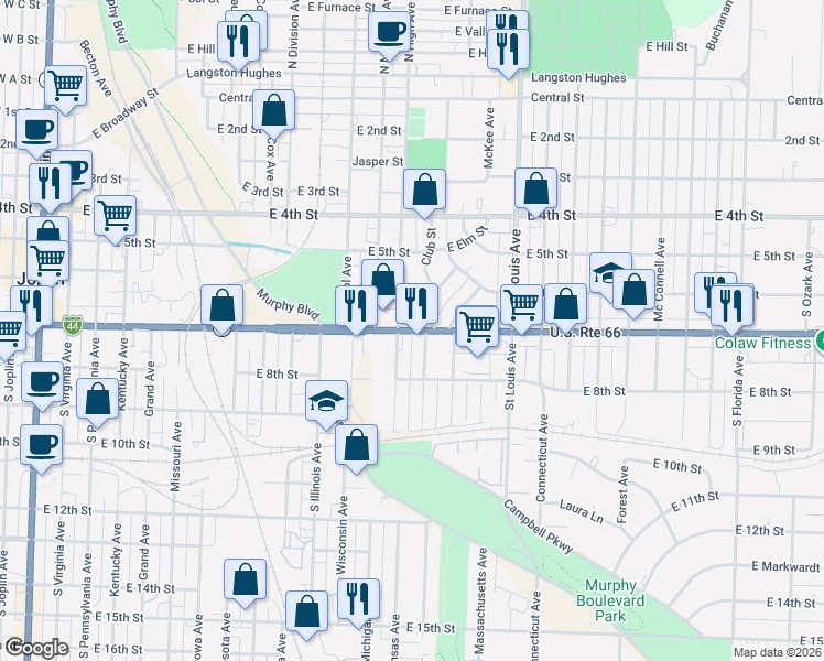 map of restaurants, bars, coffee shops, grocery stores, and more near Missouri 66 in Joplin