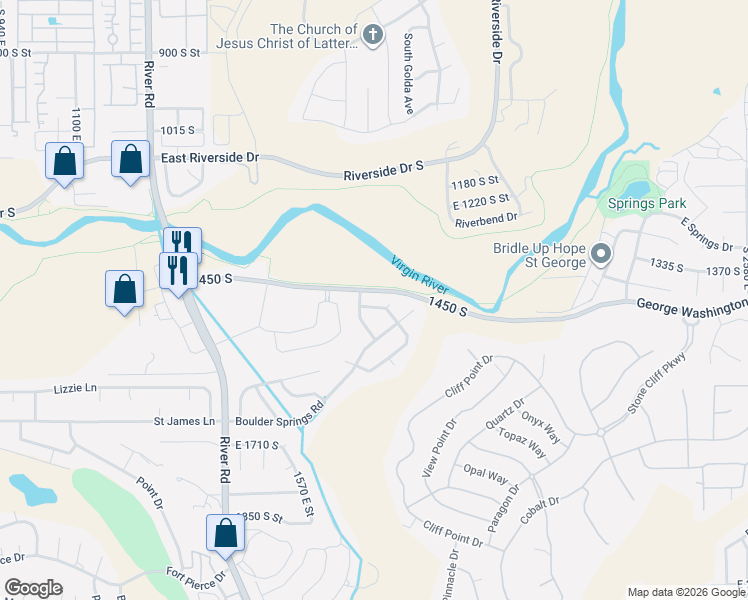 map of restaurants, bars, coffee shops, grocery stores, and more near 1761 Flagstone Road in St. George