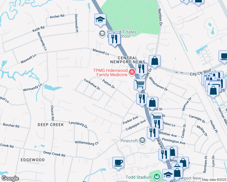map of restaurants, bars, coffee shops, grocery stores, and more near 100 Kingsbury Drive in Newport News