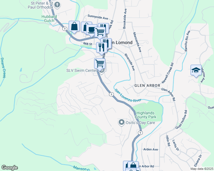 map of restaurants, bars, coffee shops, grocery stores, and more near 160 Woodland Drive in Ben Lomond