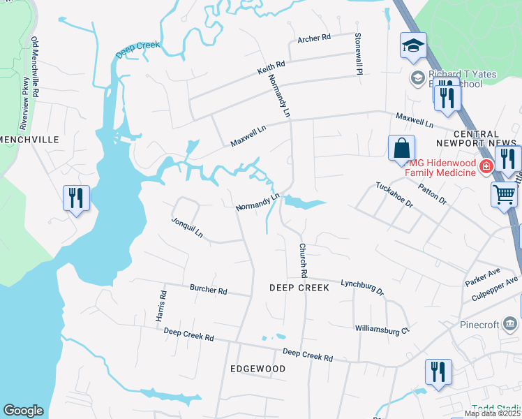 map of restaurants, bars, coffee shops, grocery stores, and more near 112 Normandy Lane in Newport News