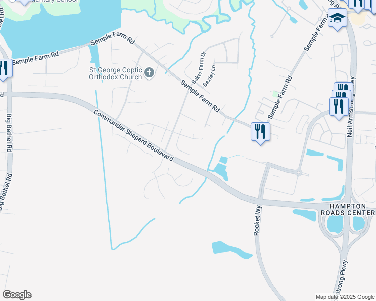 map of restaurants, bars, coffee shops, grocery stores, and more near 9 Clydesdale Court in Hampton