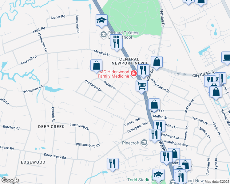 map of restaurants, bars, coffee shops, grocery stores, and more near 100 Kingsbury Drive in Newport News