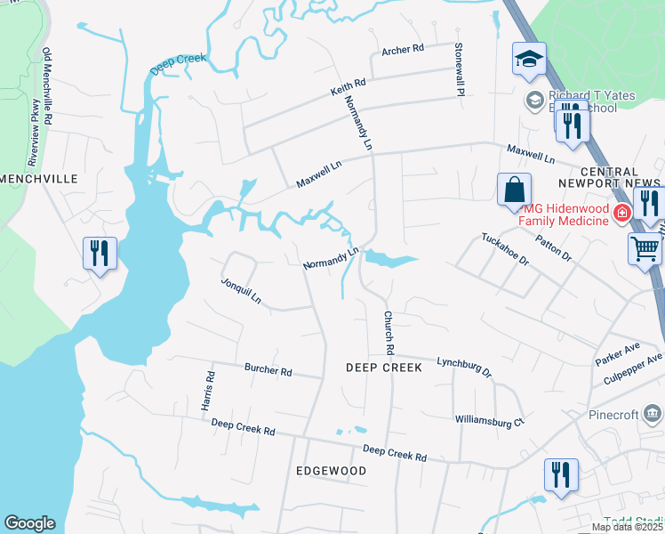 map of restaurants, bars, coffee shops, grocery stores, and more near 112 Normandy Lane in Newport News