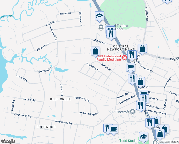 map of restaurants, bars, coffee shops, grocery stores, and more near 59 Patton Drive in Newport News