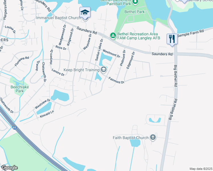 map of restaurants, bars, coffee shops, grocery stores, and more near 56 Philmont Drive in Hampton