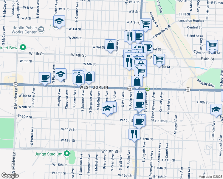 map of restaurants, bars, coffee shops, grocery stores, and more near 631 Byers Avenue in Joplin