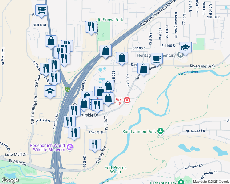 map of restaurants, bars, coffee shops, grocery stores, and more near 1346-1398 South 320 East in St. George