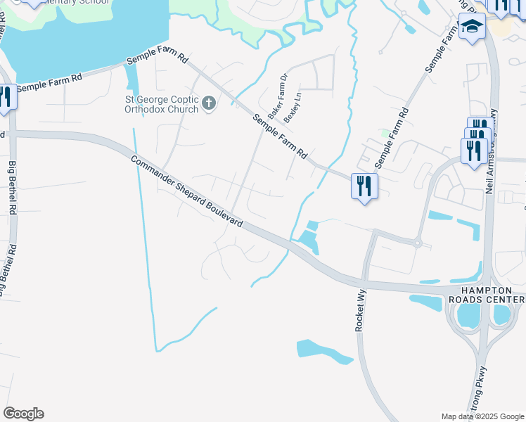 map of restaurants, bars, coffee shops, grocery stores, and more near 9 Clydesdale Court in Hampton