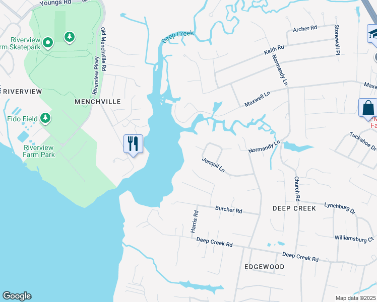 map of restaurants, bars, coffee shops, grocery stores, and more near 4 Willard Place in Newport News