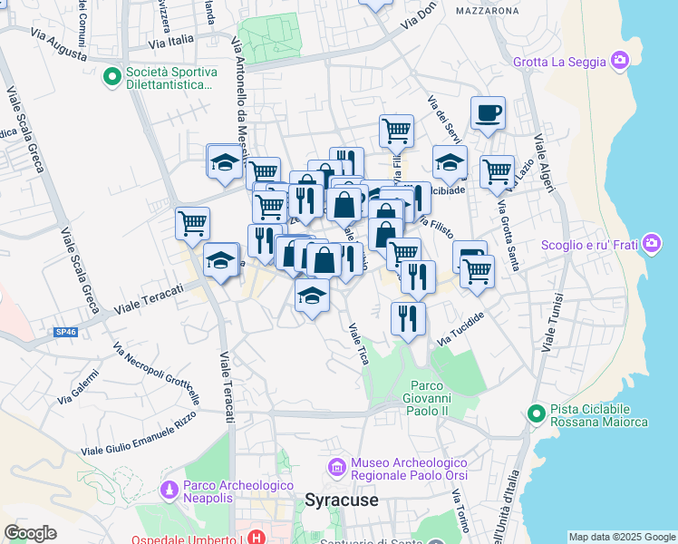 map of restaurants, bars, coffee shops, grocery stores, and more near 45 Vicolo Ai Telefoni in Syracuse