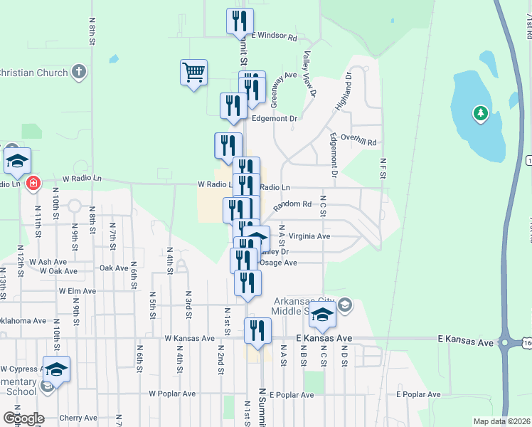 map of restaurants, bars, coffee shops, grocery stores, and more near 2010 North Summit Street in Arkansas City